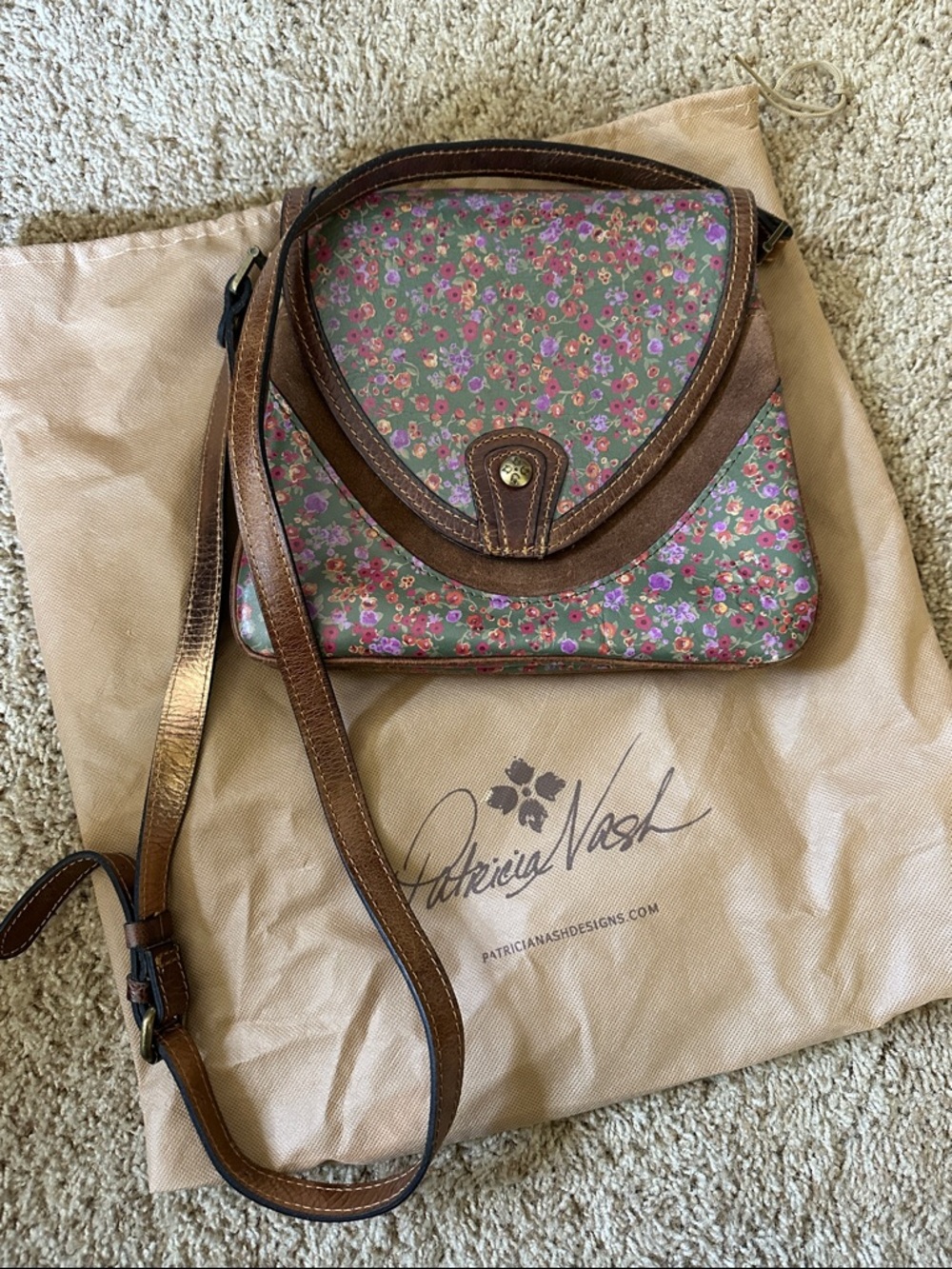 Patricia Nash Olive Green Floral Crossbody with Brown Trim
